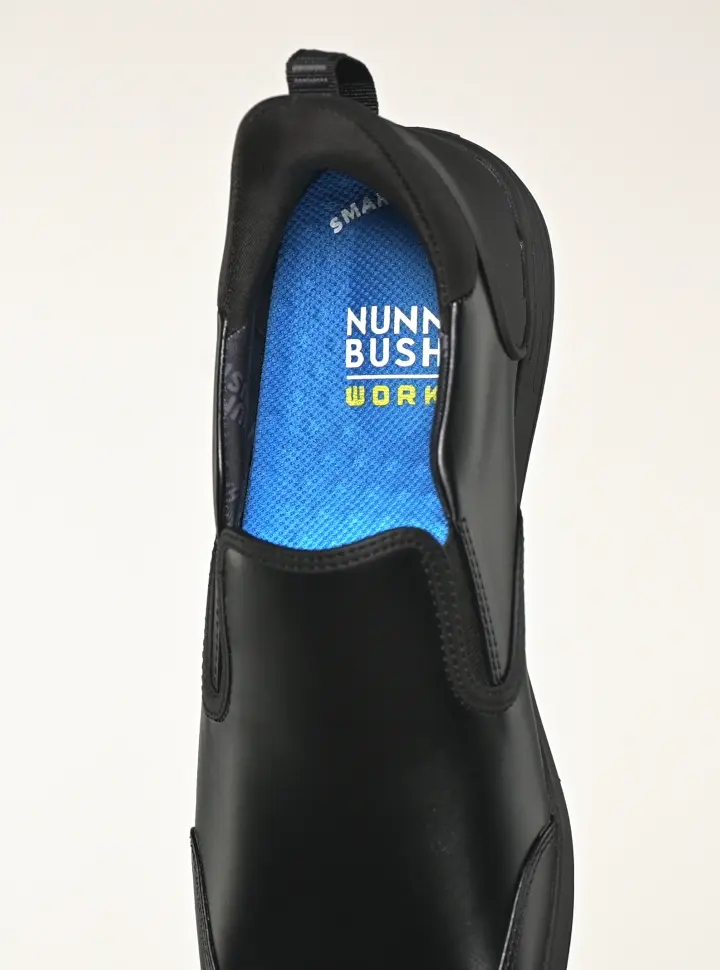 Gif features the Nunn Bush work footbed on the KORE Work City Walk EZ Moc Toe Slip On.