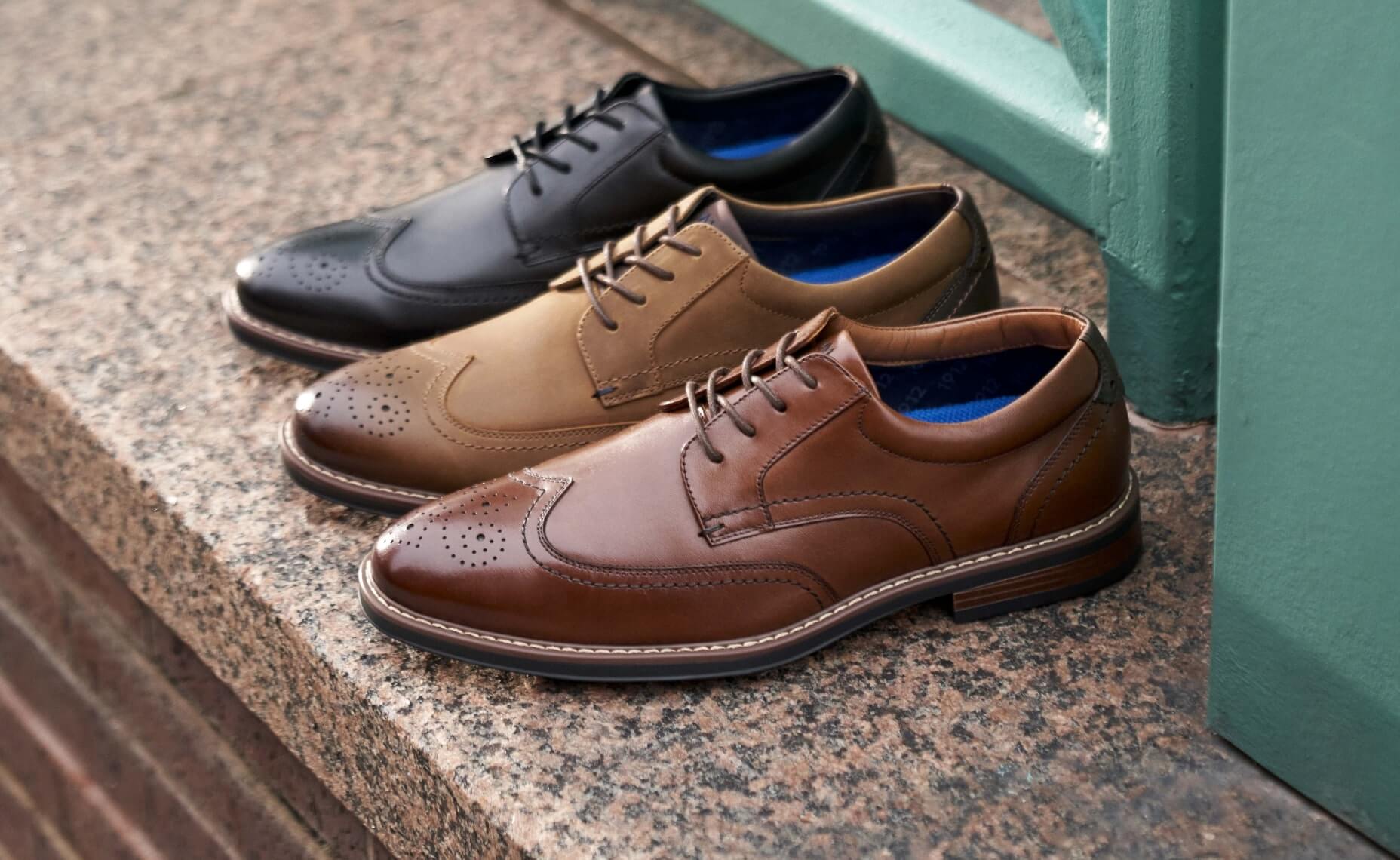Click to shop Nunn Bush dress shoes. Image features the Centro Wingtip in all 3 colorways.