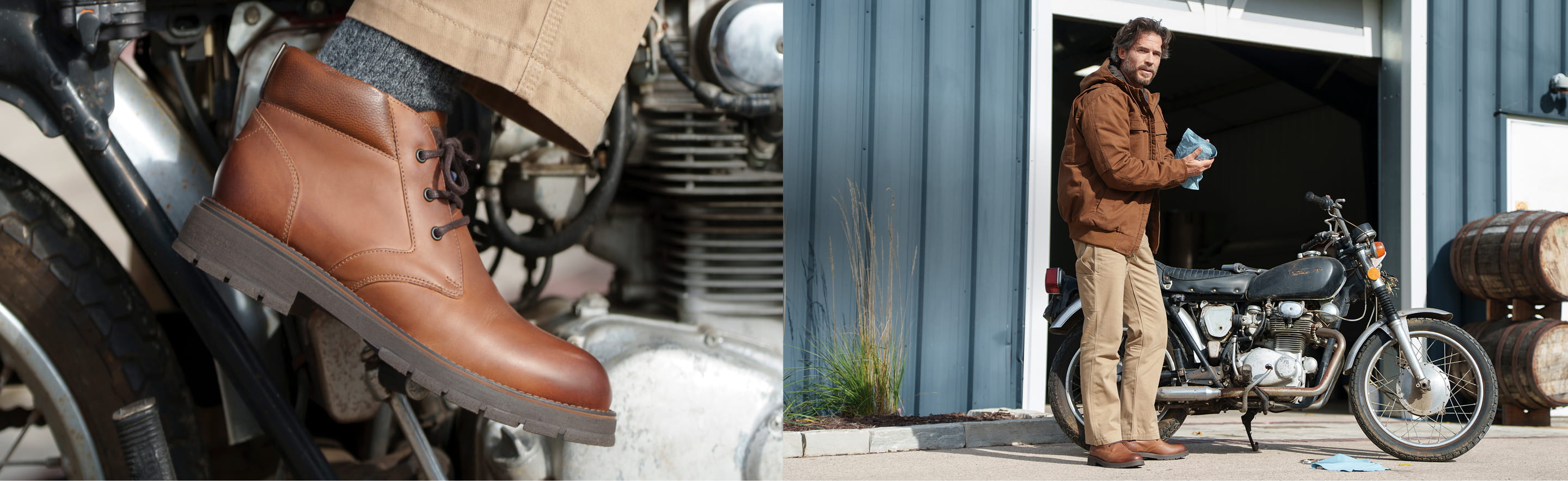 Shop Nunn Bush Briggs featuring the Plain Toe Chukka Boot in Tan Crazy Horse on a motorcycle.