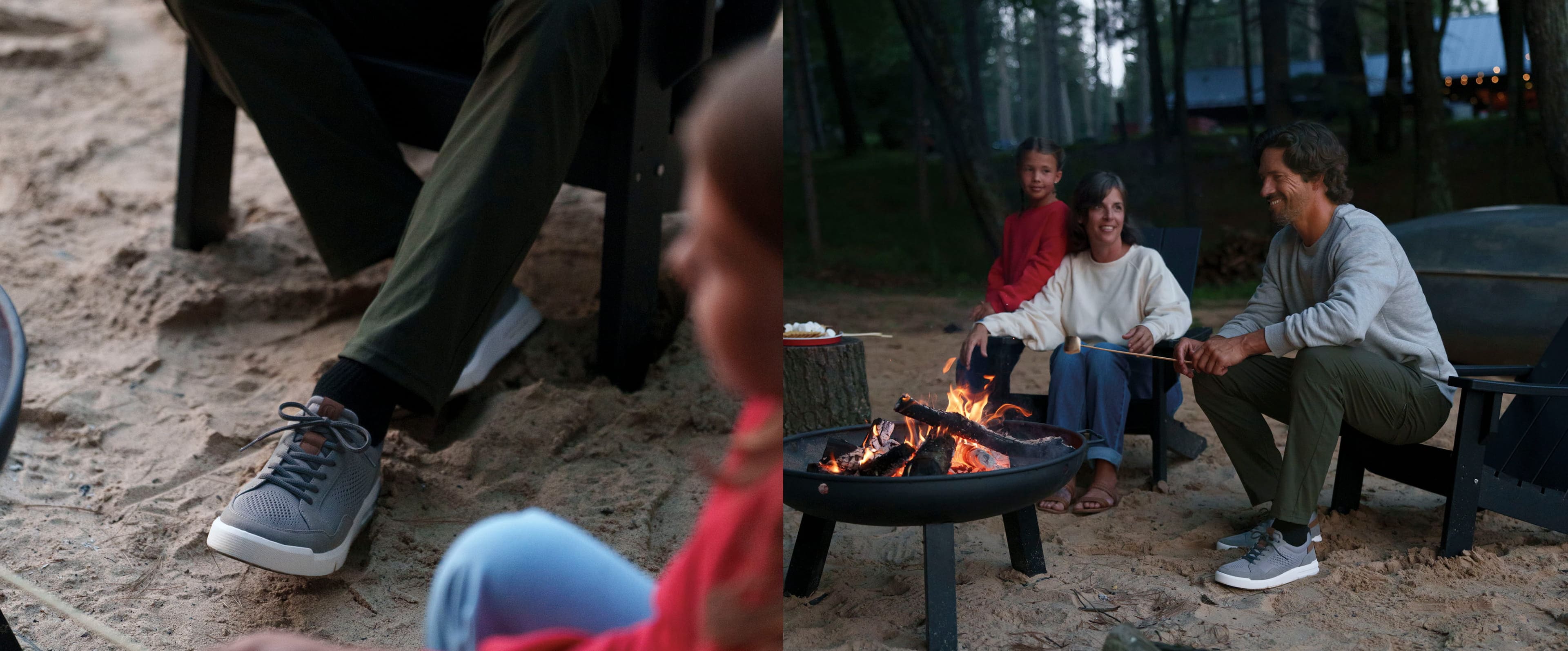 Shop our new arrivals featuring the Rally in gray, by a fire pit.