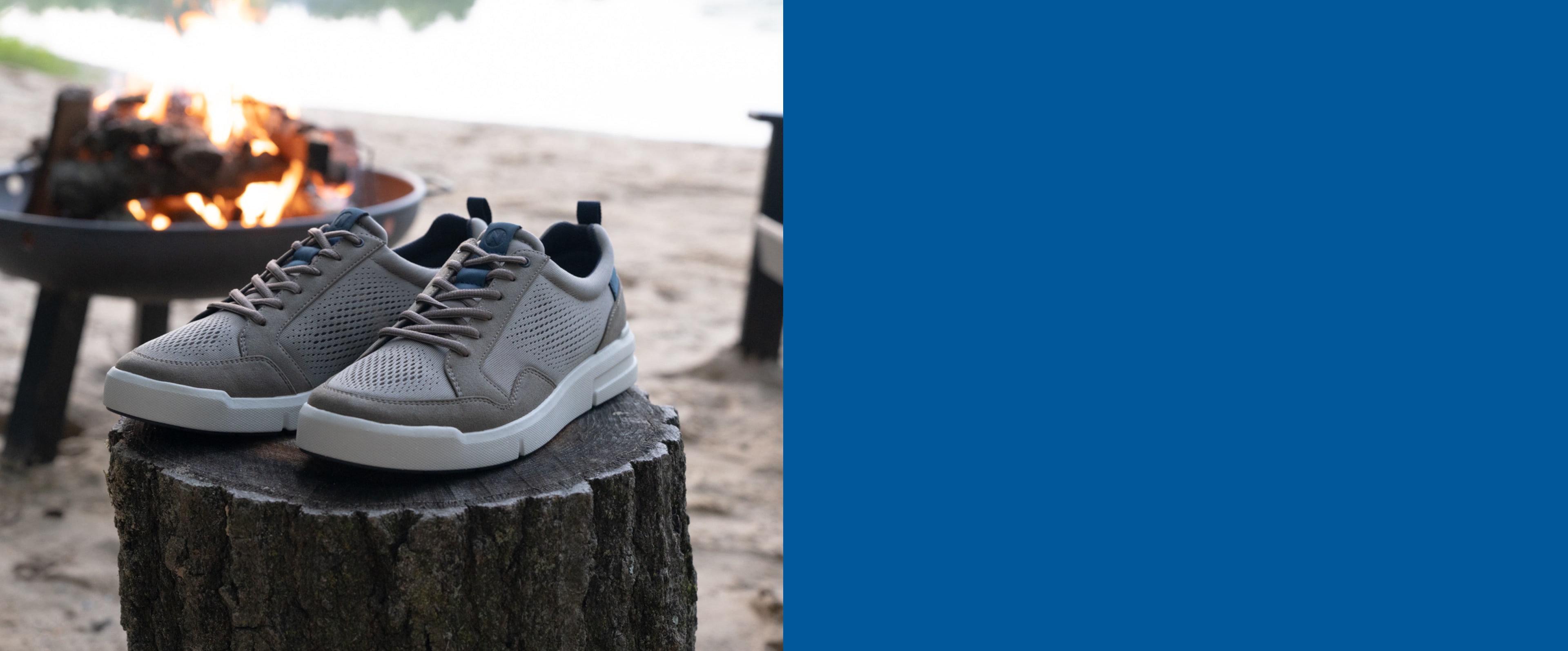 Shop our new arrivals featuring the Rally in gray on a stump by a fire pit.