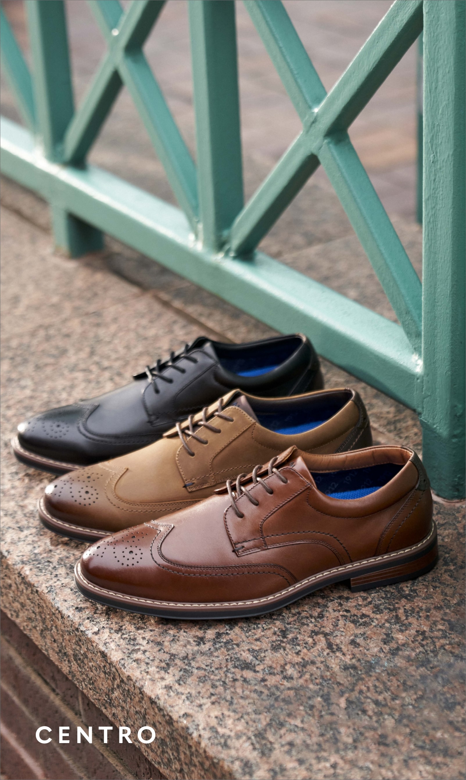 Men's Dress Shoes category. Image features the Centro Wingtip in all 3 colorways.