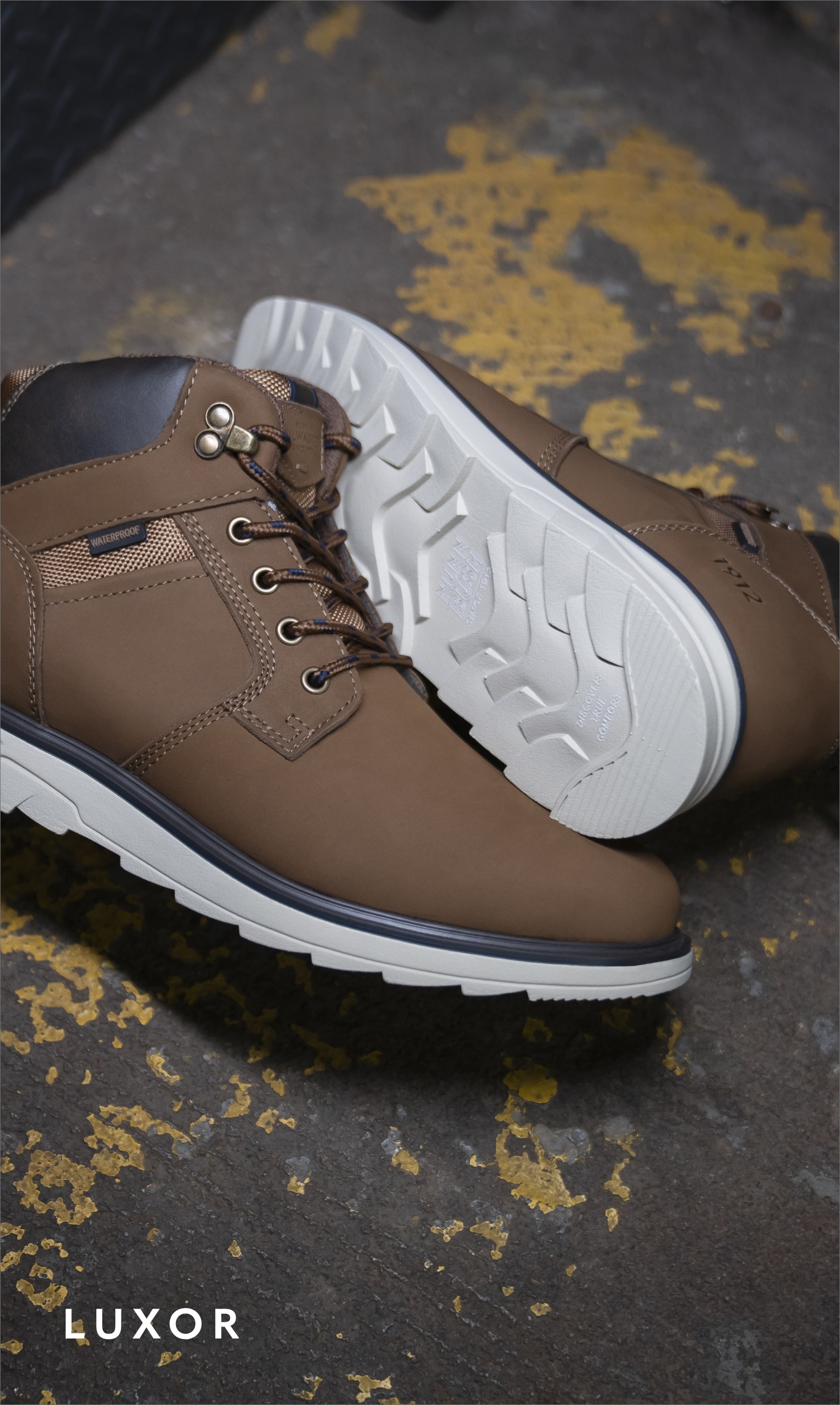 Men's Boots category. Image features the Luxor boot in tan. 