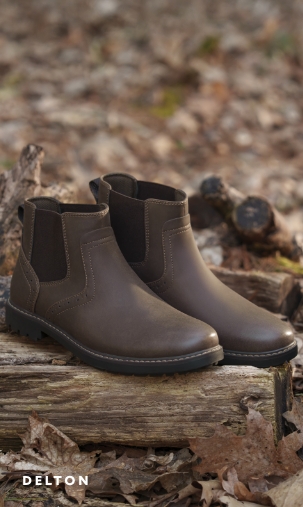 Men's Boots category. Image features the Delton Chelsea boot. 