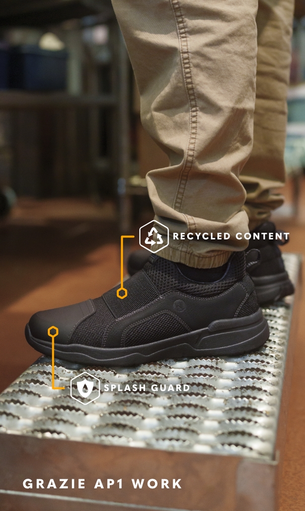  Image features the Grazie Work AP1 shoe in a kitchen.