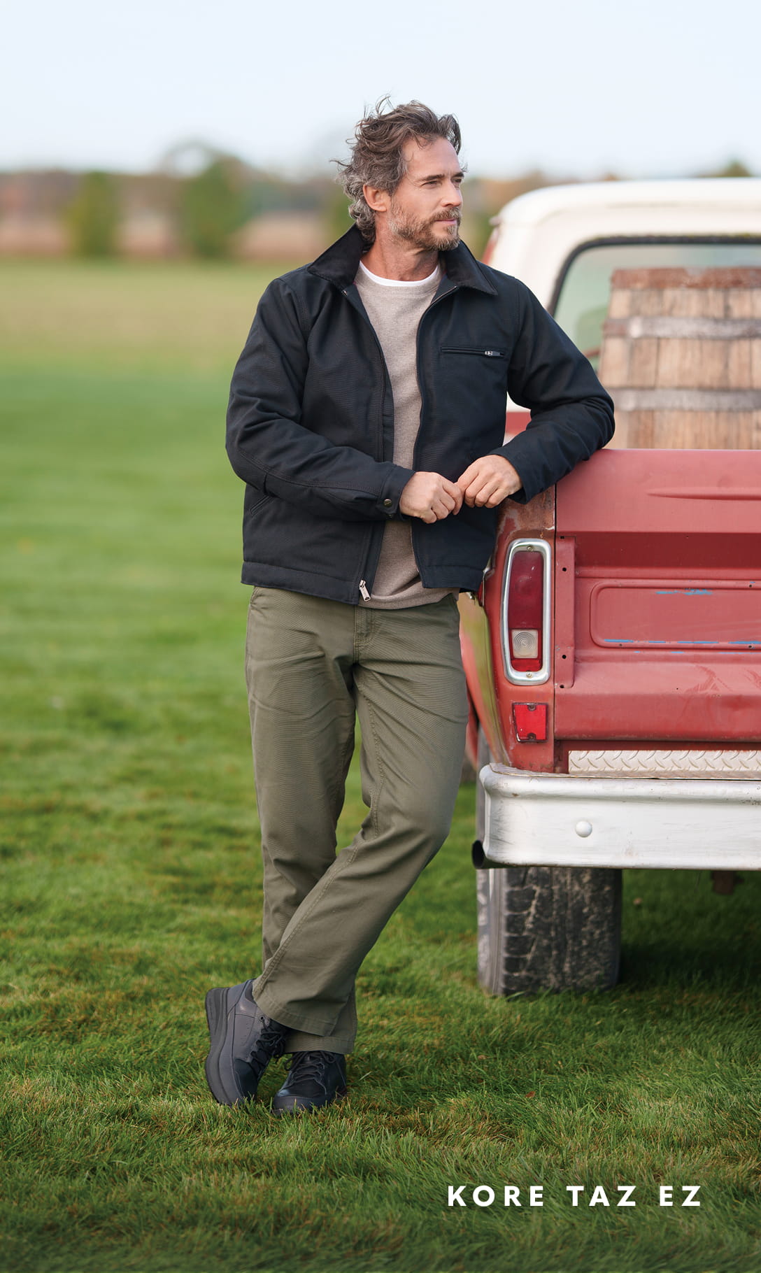 Men's Newest Shoes category. Image features a man wearing the KORE Taz EZ leaning on a red truck.