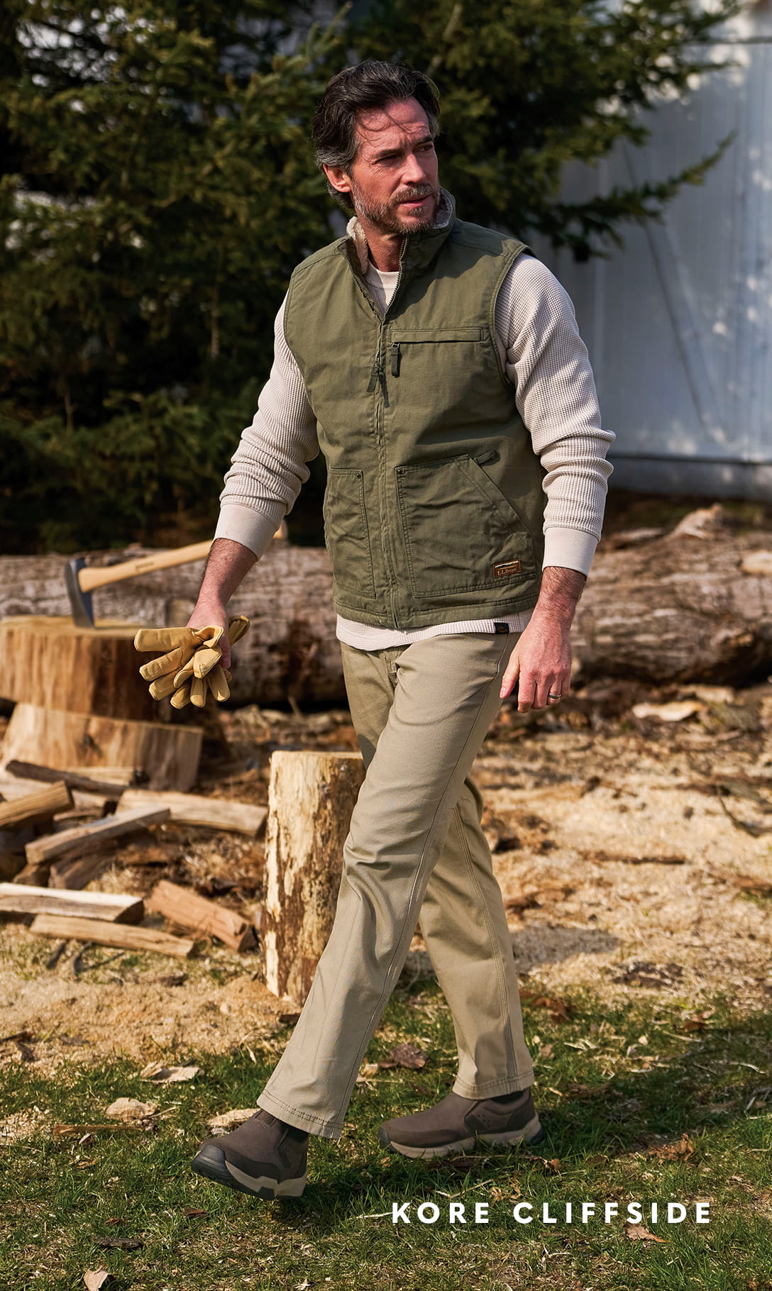Men's Newest Shoes category. Image features the KORE Cliffside in brown outside by wood.