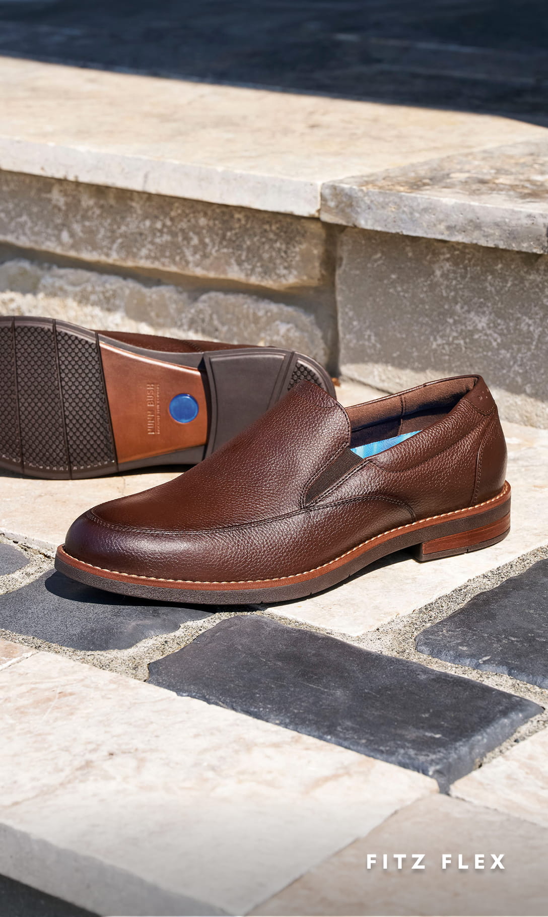 Men's Dress Shoes category. Image features the Fitz Flex loafer in tumbled brown leather.