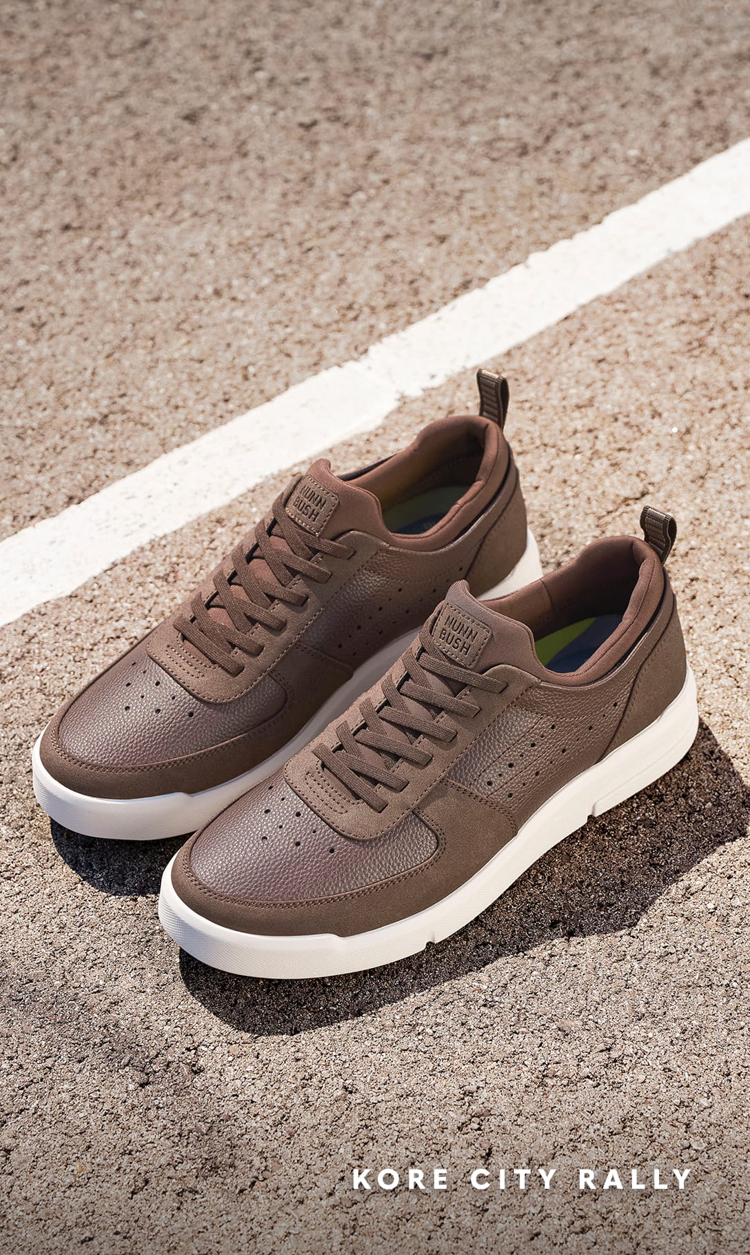 Men's Casual Shoes category. Image features the KORE City Rally Moc Toe Sneaker in Brown Multi in a parking lot.