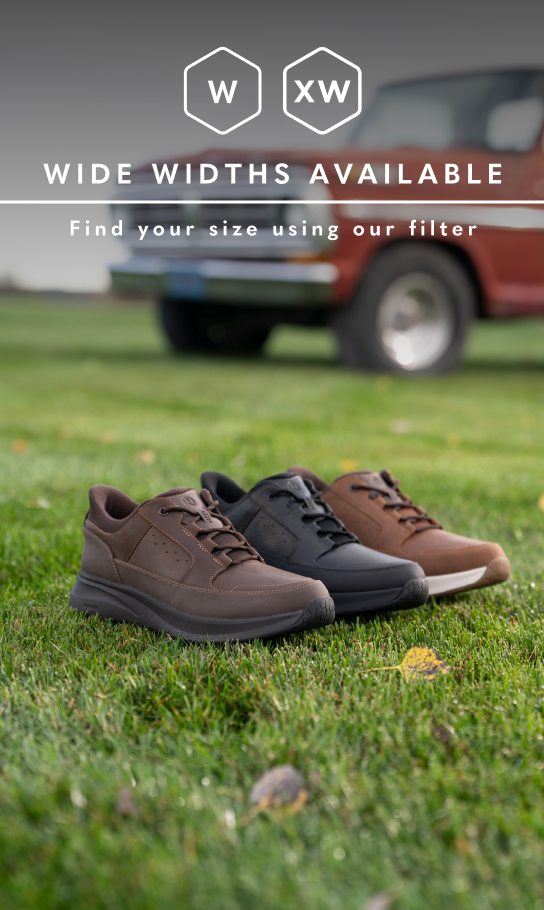 Extended Widths category. Image features the KORE Taz EZ Hands Free Moc Toe Oxford in three different colors with a truck in the background.