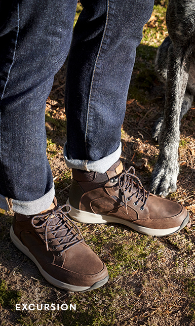 Men's Boots category. Image features the Excursion moc toe chukka in brown.
