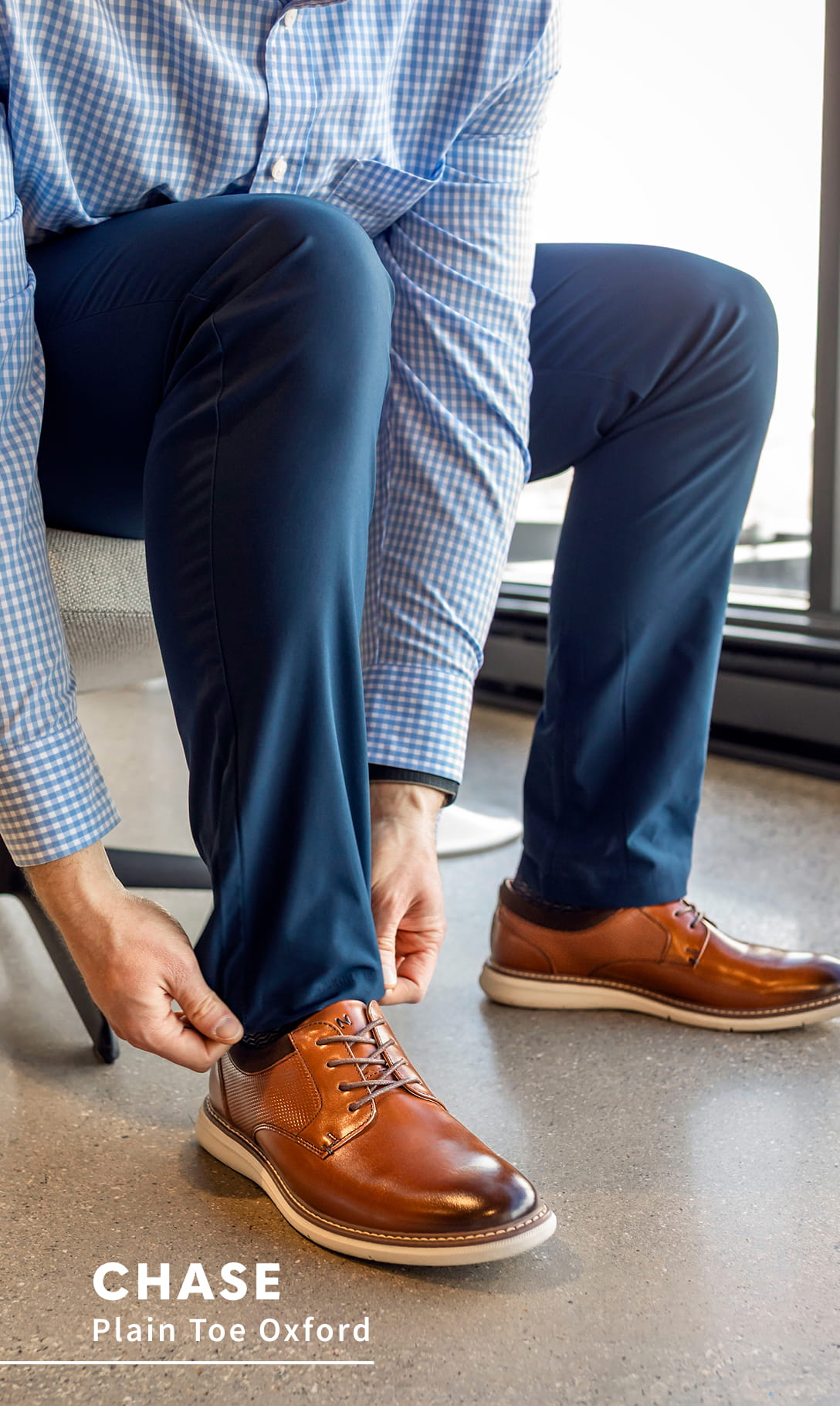Career Ready Styles Image features the Chase plain toe oxford in cognac.