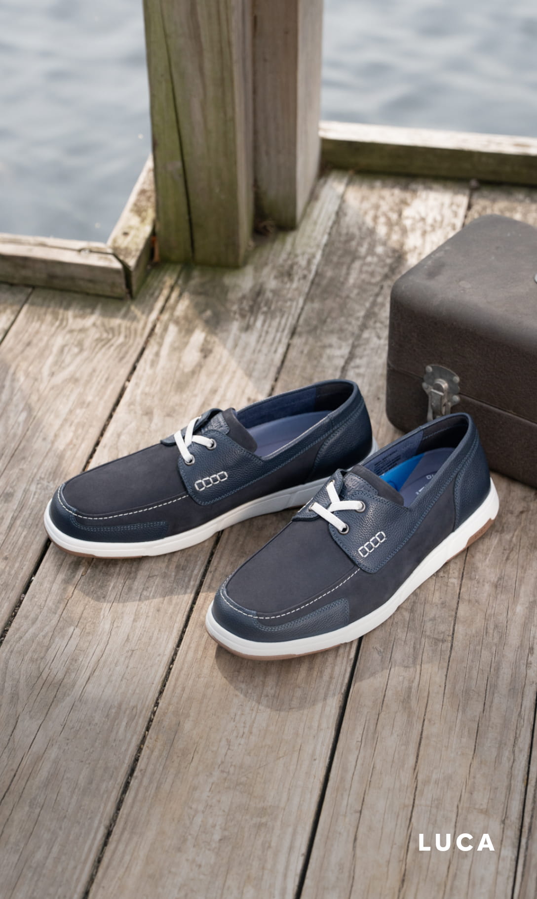 Men's Casual Shoes category. Image features the Luca boat shoe in navy on a dock.